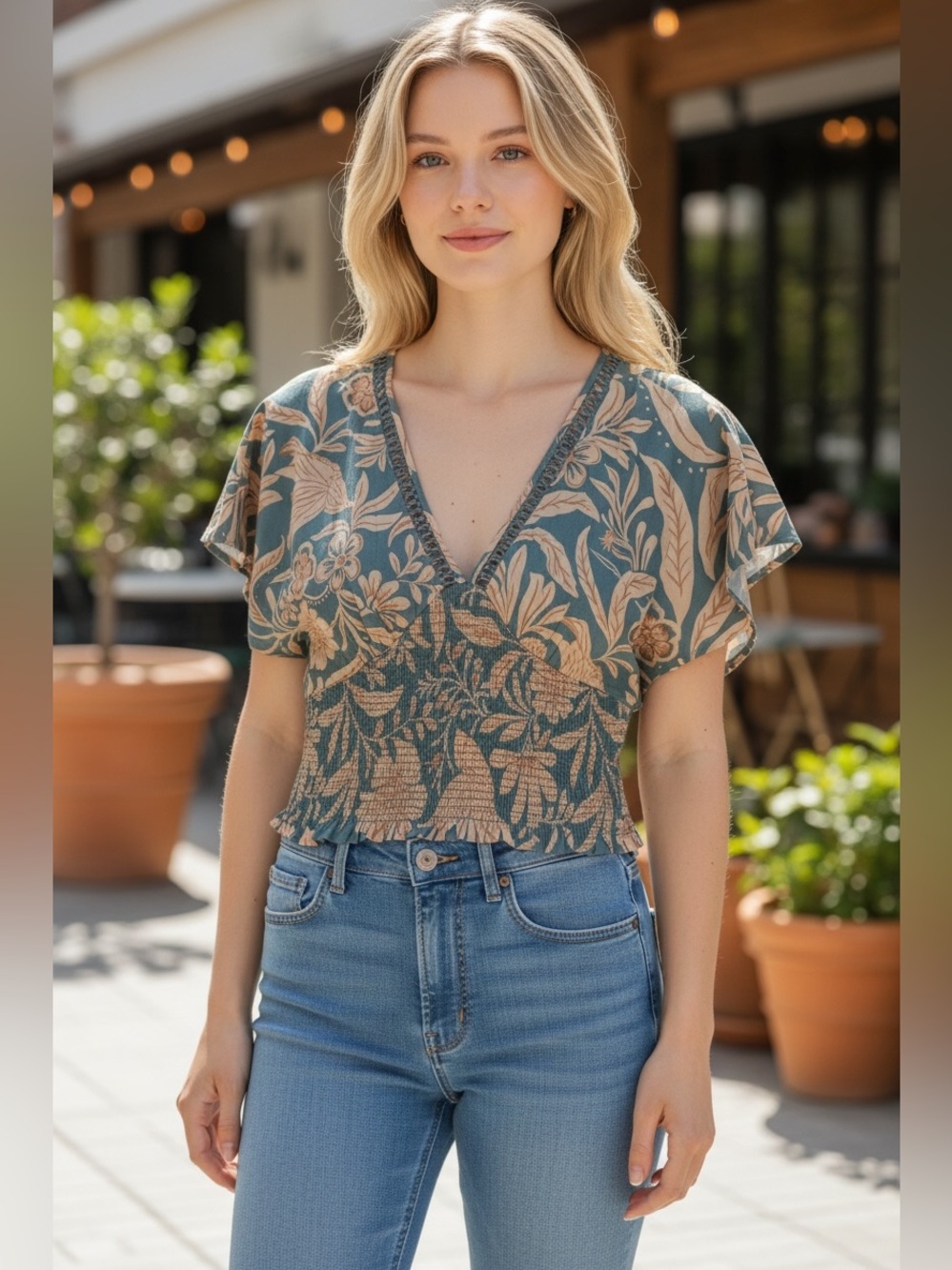 Patrons of Peace Teal and Beige Floral Smocked Crop Top